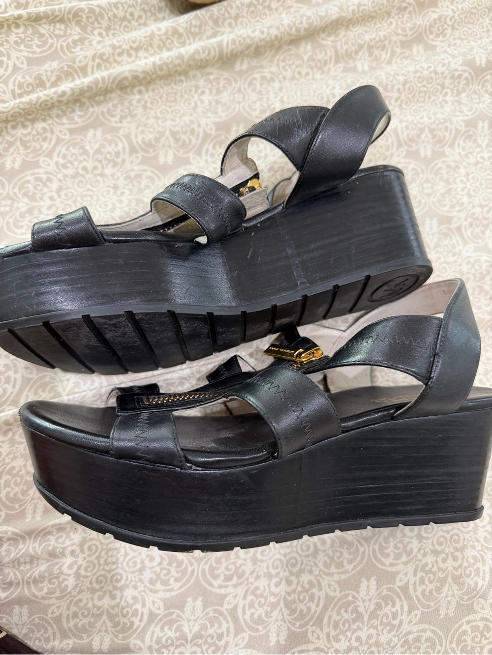 Michael Kors Black Leather Platform Wedge Sandals with Gold Accent